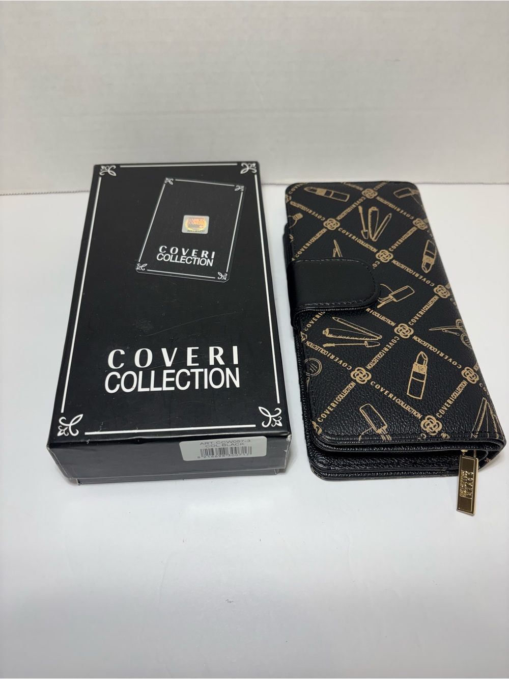 Coveri Wallet Zip Snap Closure Black Gold Lipstick Beauty Supply Design NewInBox
